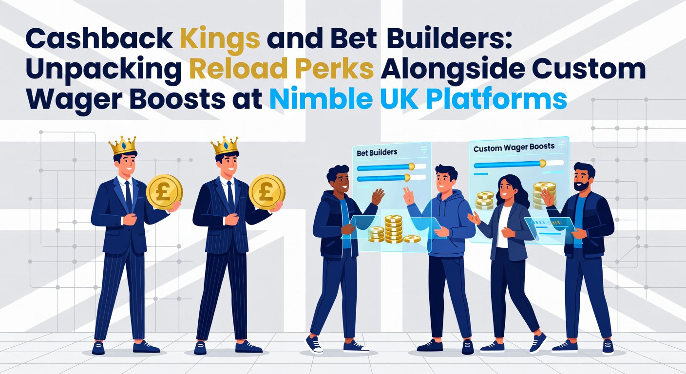 Vibrant digital graphic showing cashback coins stacking up next to customizable bet builder interfaces on a sleek UK betting app screen, highlighting reload perks and wager boosts in action
