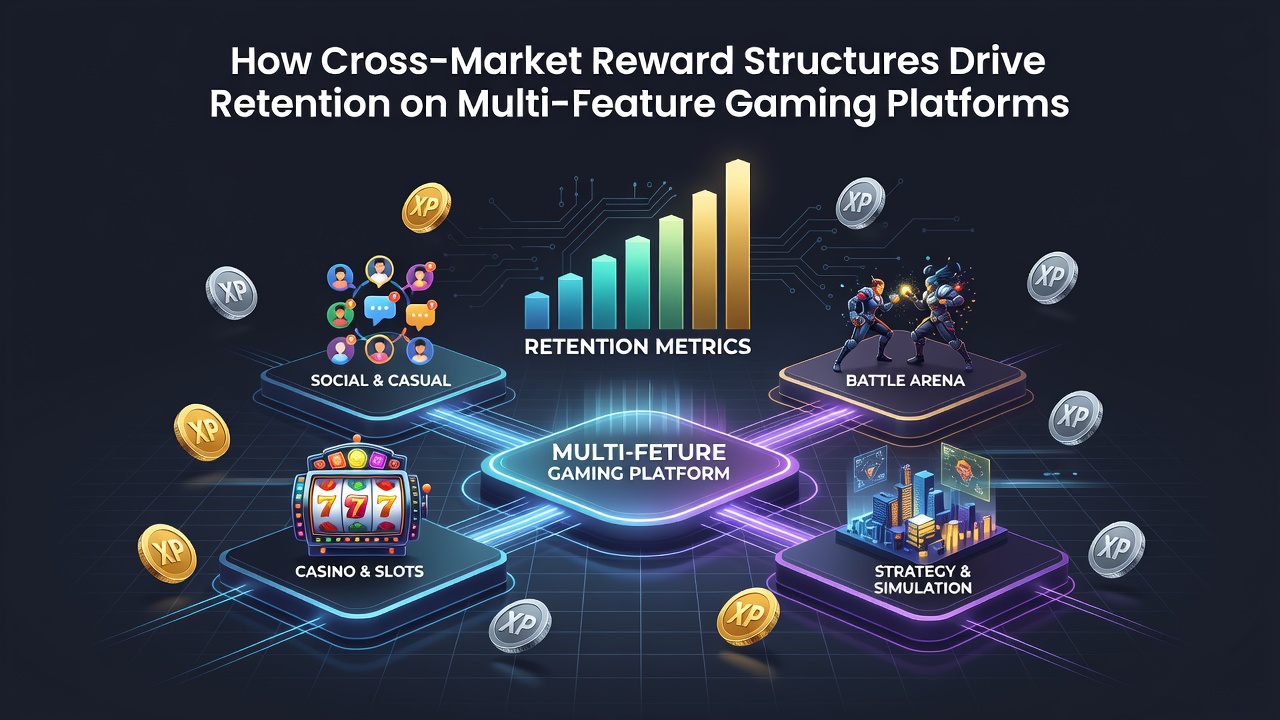 Illustration of interconnected reward systems across gaming platforms showing loyalty points flowing between slots, sports betting, and casino sections