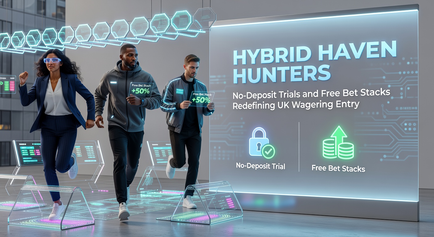 Vibrant screenshot of a hybrid betting platform dashboard showing no-deposit slot trials alongside stacked free bet offers for UK players