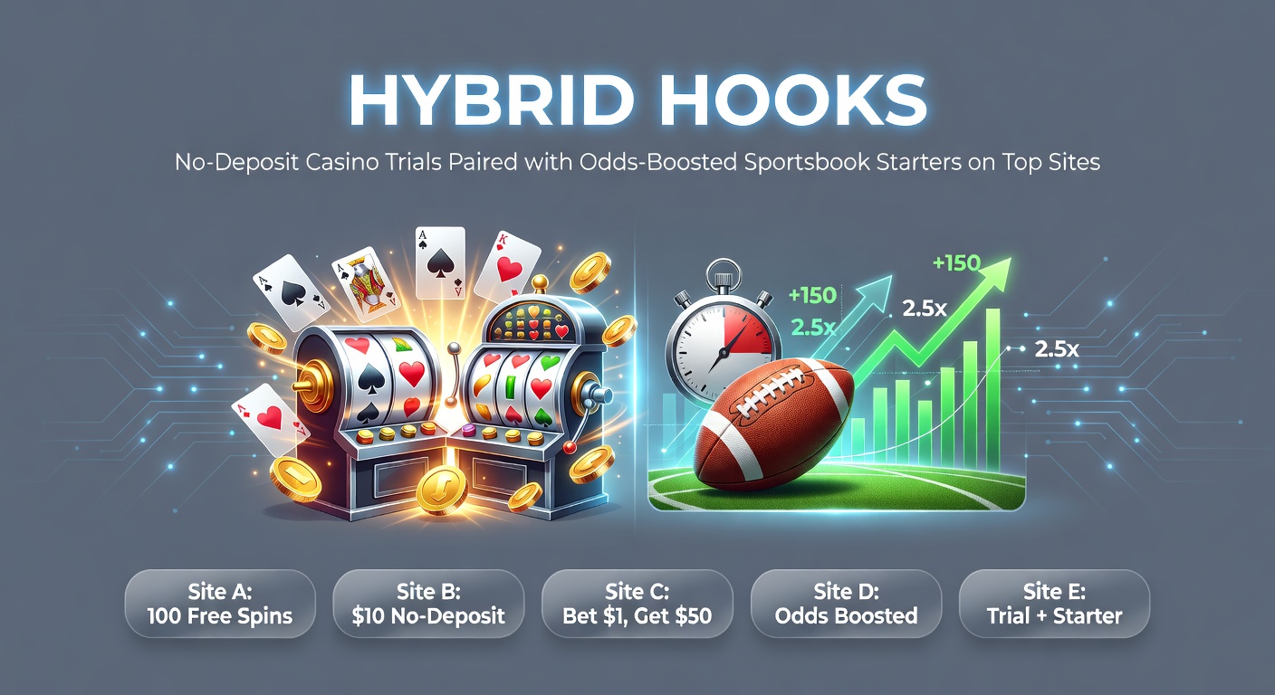 Vibrant screenshot of a hybrid betting platform dashboard showing casino slots and sports odds side by side, highlighting no-deposit bonus banners and boosted odds promotions