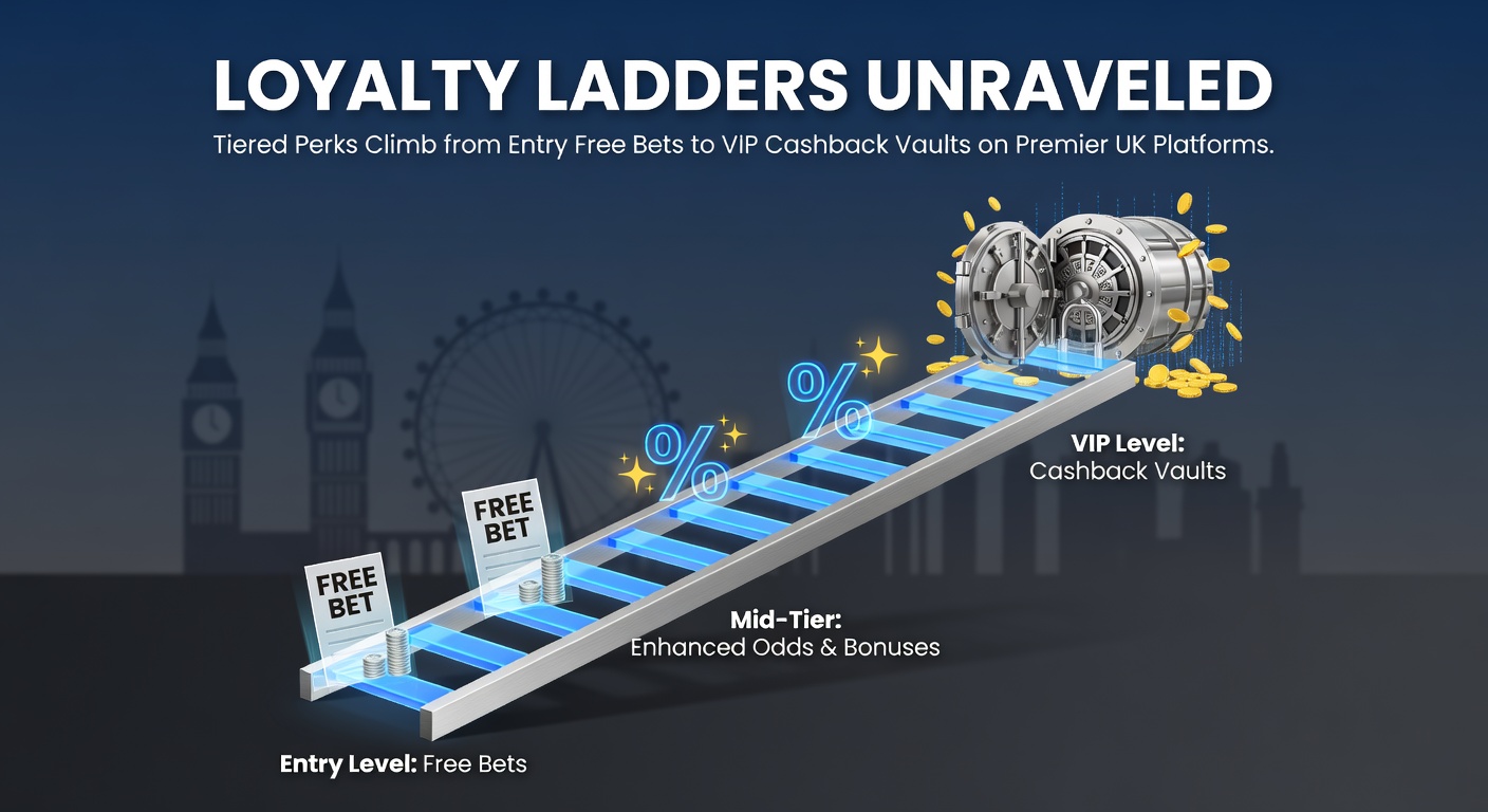 Graphic illustrating a loyalty ladder with tiers from free bets at the base to VIP cashback at the top on UK betting platforms
