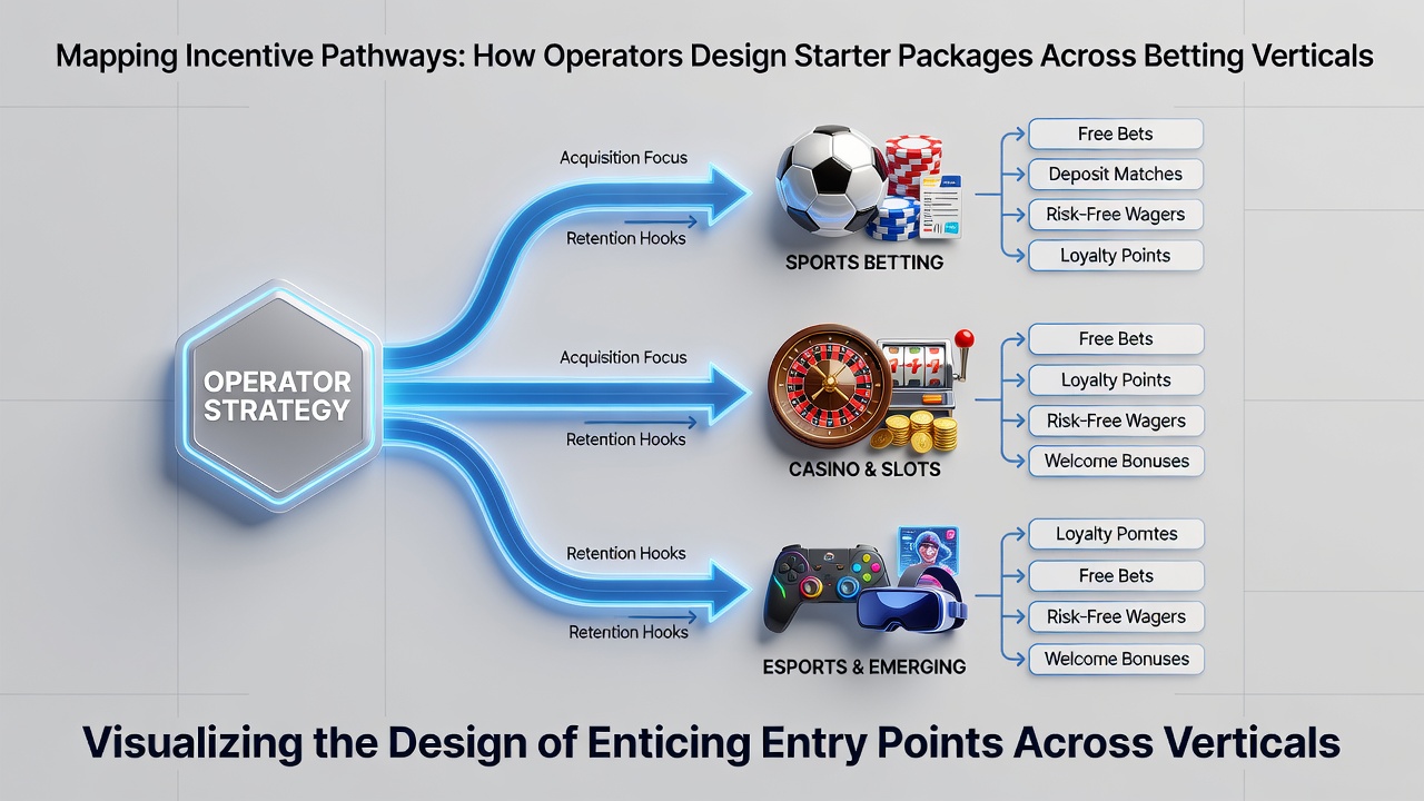 Diagram showing layered incentive structures connecting sports betting, casino slots and poker verticals through shared player pathways