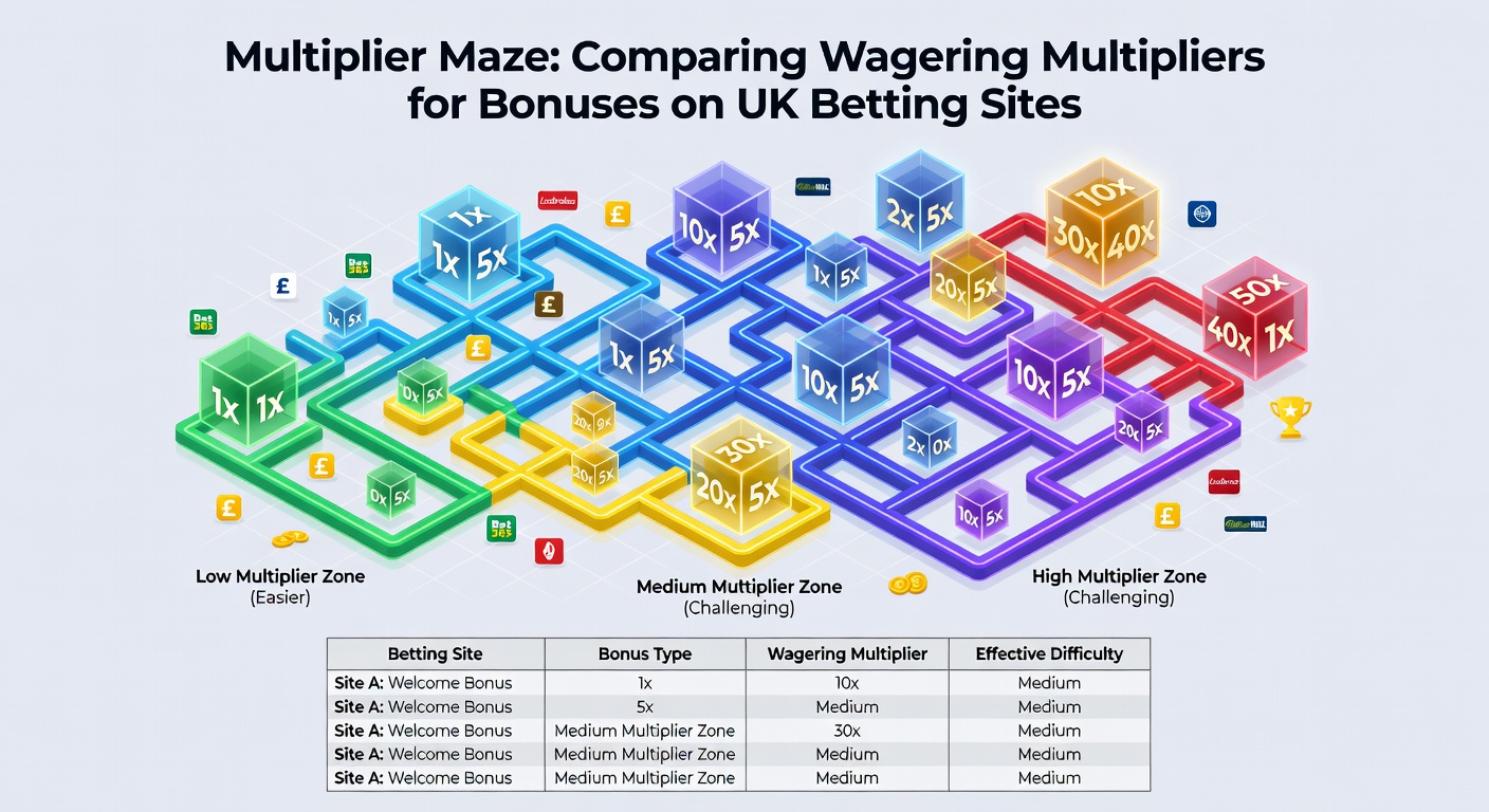 Close-up comparison table of wagering multipliers from top UK betting sites, showing bonus values alongside 1x to 10x rollover examples in a visual grid