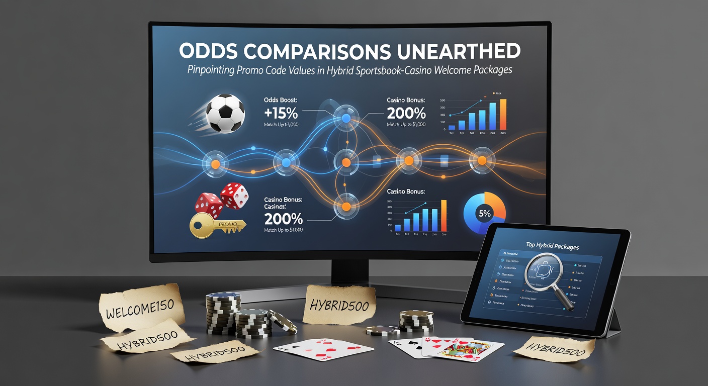 Graphic showing odds comparison charts alongside promo code entries on hybrid betting platforms, highlighting value calculations for welcome offers