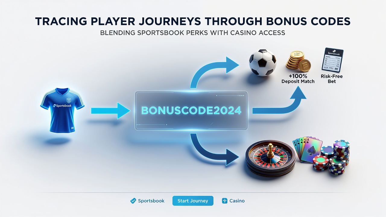 Dashboard view displaying player flow between sportsbook and casino sections with bonus code tracking metrics
