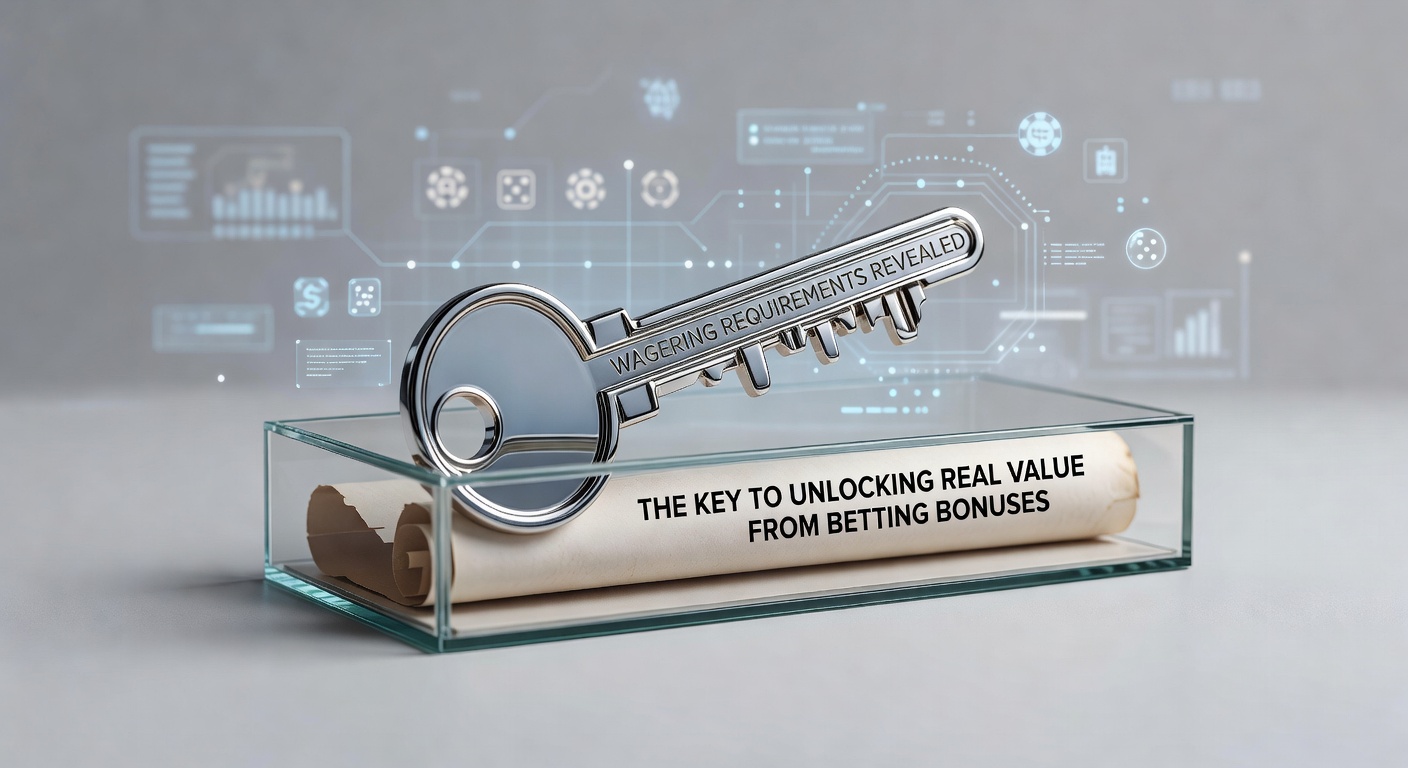 Illustration of a locked bonus chest with wagering requirement chains breaking open to reveal cash prizes, symbolizing unlocking value from betting promotions
